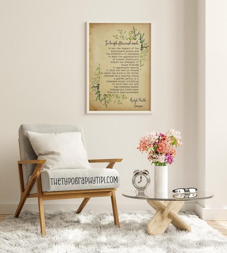 May include: A printable quote about laughter, respect, and appreciation. The quote is printed on a vintage-style background with green floral accents. The quote is attributed to Ralph Waldo Emerson.