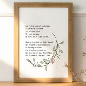 The Lord’s Prayer Wall Art Print – Christian Scripture Decor, Bible Verse Typography Poster, Floral Faith Print for Bedroom or Entryway