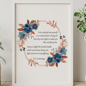 Cytat E.E. Cummingsa - Inspirująca sztuka ścienna - Plakat „Bądź sobą” - Dekoracja literacka - Wiązanka akwarelowa Poezja Wydruk w ramce lub bez ramki