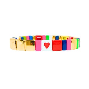 May include: A colourful beaded bracelet with gold spacers and a white bead with a red heart. The bracelet features a variety of colours including red, pink, blue, green, yellow, and white.