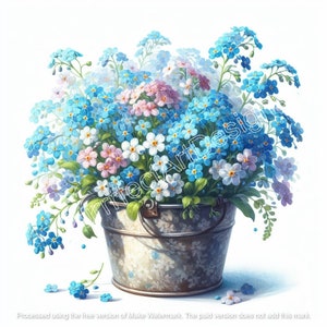 5 beaux pots de fleurs Forget Me Not Clip Art, téléchargement art numérique