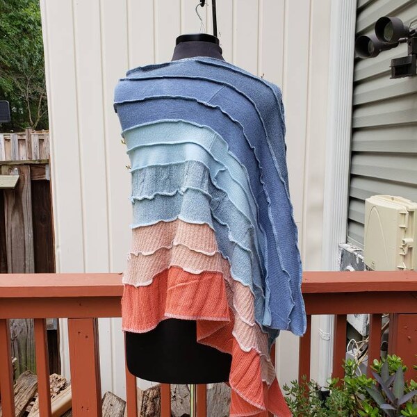 Upcycled Wool and Alpaca Sweater Asymmetrical Poncho - Sunset