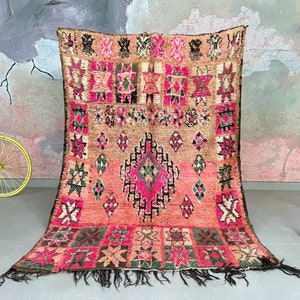 Vintage Moroccan Boujaad Rug 5x7 - Pink Tribal Wool Carpet - Bold Berber Decor Statement Piece - Handwoven Boho Area Rug