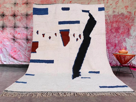 CUSTOM Beni ourain rug - New Berber design Hand-Knotted Moroccan wool rug - White and Back berber carpet - FREE SHIPPING