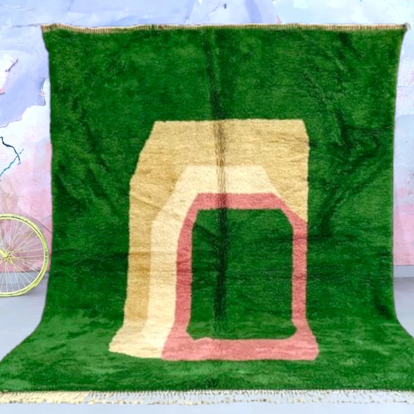 Handmade Moroccan Beni Ourain Rug – Vibrant Green with Abstract Shapes, Custom Wool Rug for Your Home