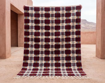 Burgundy Moroccan Rug – Handwoven Wool Checkerboard Berber Area Rug, Contemporary Scandinavian Style