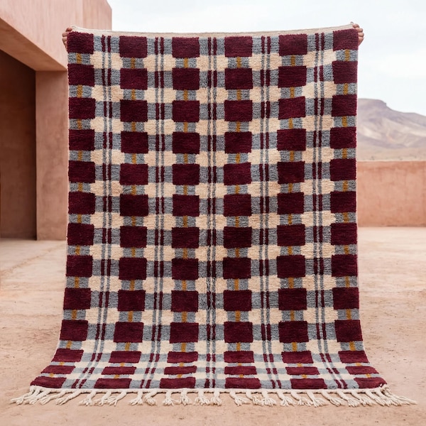 Burgundy Moroccan Rug – Handwoven Wool Checkerboard Berber Area Rug, Contemporary Scandinavian Style