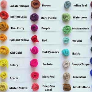 May include: A color chart featuring small, round balls of yarn in a variety of colors. The chart includes names like "Evening Sand," "Molten Lava," "Thai Curry," and "Twilight Blue." The colors range from light pinks to deep blues.