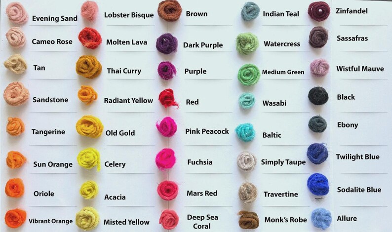 May include: A color chart featuring small, round balls of yarn in a variety of colors. The chart includes names like "Evening Sand," "Molten Lava," "Thai Curry," and "Twilight Blue." The colors range from light pinks to deep blues.