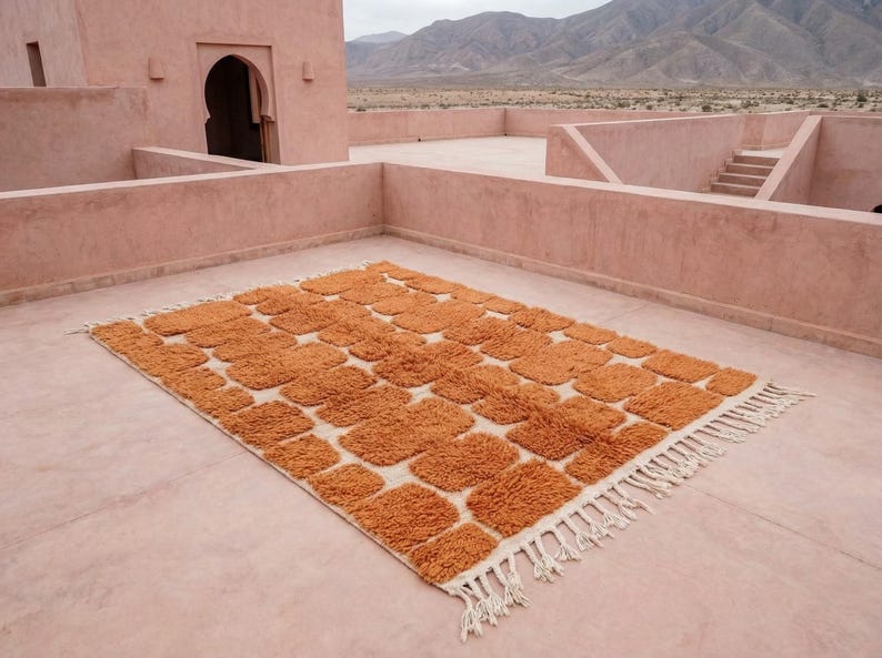 May include: A rectangular, orange and cream-colored rug with a geometric pattern of squares. The rug has a shaggy texture and a fringe along the edges. The rug is placed on a pink concrete surface, with a desert landscape in the background.