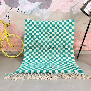 Large Green and white checkered rug, Moroccan Berber checkered rug, Checkered area rug -Checkerboard Rug -beniourain rug