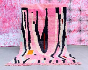 Pink Abstract Rug, Moroccan Shag, Handwoven Wool Carpet, Modern Boho Area Rugs, Living Room Statement Piece