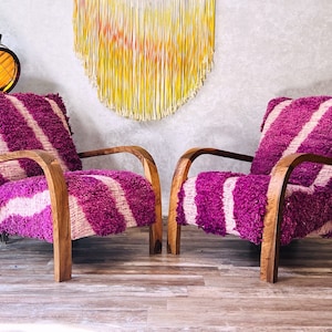 Set of 2 Mid century armchair - Retro lounge chair - modern chair - relax vintage style chair - Handmade walnut wood and vintage kilim chair