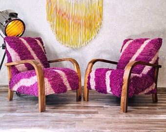Set of 2 Mid century armchair - Retro lounge chair - modern chair - relax vintage style chair - Handmade walnut wood and vintage kilim chair