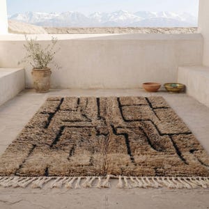 May include: A rectangular, beige rug with a geometric black design and fringe. The rug is placed on a concrete patio, with a view of mountains in the background. A potted plant and bowls are also visible.