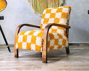 Benutzerdefinierter marokkanischer karierter Stuhl, Retro-Sessel, moderner Stuhl, Entspannungsstuhl im Vintage-Stil, handgefertigter Holzstuhl, Made to order