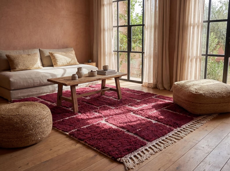 May include: A living room scene featuring a burgundy geometric rug with a fringed edge, a wooden coffee table, and a beige sofa with decorative pillows. Two woven poufs and large windows complete the cozy space.