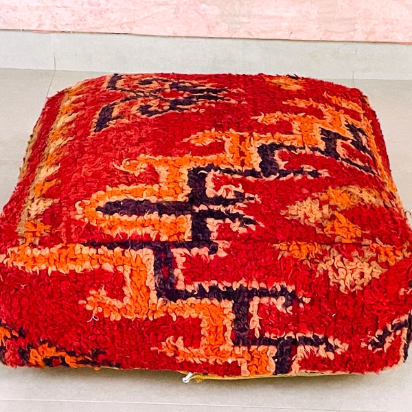 Unique Vintage Rug Pouf, Moroccan Floor cushion , handknotted , Neutral and Vintage Pillow, Tribal Pillow,Vintage Kilim Pouf, Square Pillow.