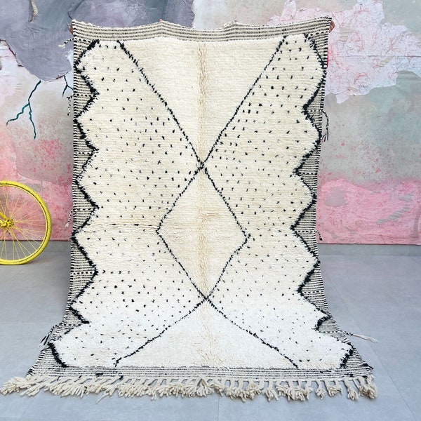 Morocco, Moroccan Handmade Rug, White And Black Rug, Striped Rug, Handmade Wool Carpet, Azilal Berber Rug, Handwoven Rug