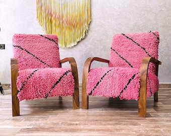 Set of 2 Mid century armchair - Retro lounge chair - modern chair - relax vintage style chair - Handmade walnut wood and wool rug chair