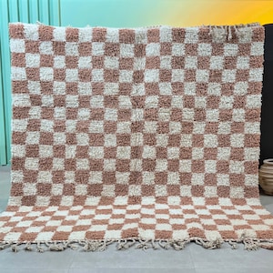 Checkered Rug, Custom color, Brown and Cream, Wool Shag Area Carpet, Modern Boho Decor, Moroccan Living Room decor, Beni ourain rugs