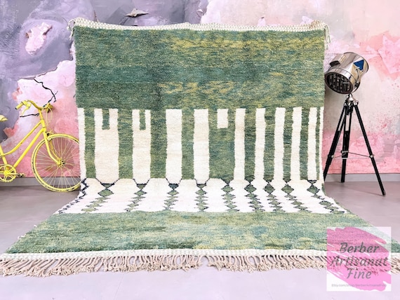 Green Moroccan Rug, 5x8 Handmade Wool Area Rug, Boho Living Room Carpet, Modern Berber Decor, Shaggy Soft Floor Mat