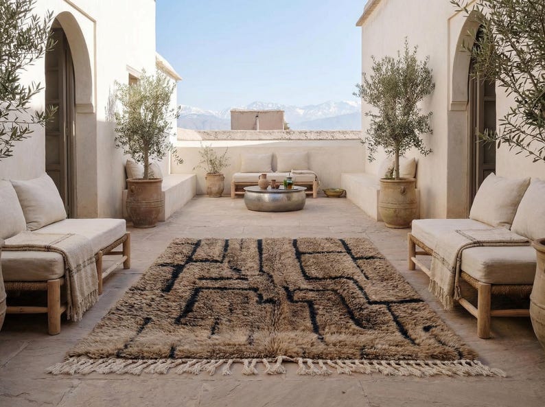May include: A neutral-toned, rectangular rug with a geometric black design and fringe detail. The rug is placed on a stone patio, surrounded by seating, potted plants, and a metal coffee table. The scene is bathed in natural light.