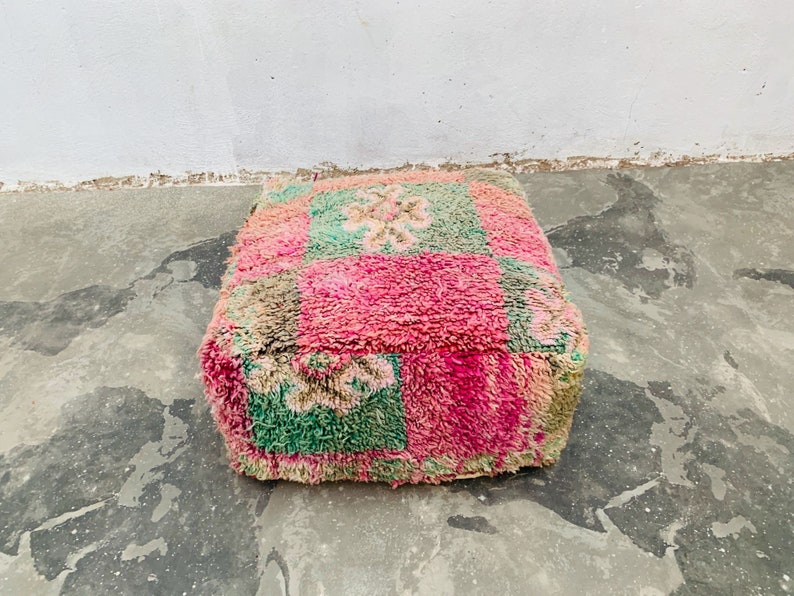 old Rug Handmade vintage Pouf Unique Floor Cuhsion Beniourain Rug Area Cushion Boujaad moroccan Pouf Wool Moroccan Cushion