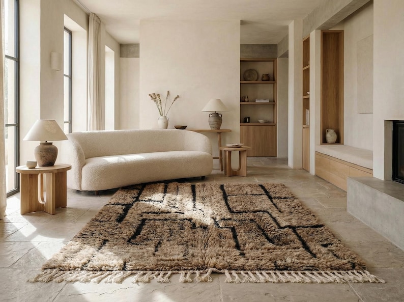 May include: A neutral-toned living room with a beige sofa, wooden side tables, and a patterned rug. The rug features a geometric design in black and brown. The room is bathed in natural light, creating a warm and inviting atmosphere.
