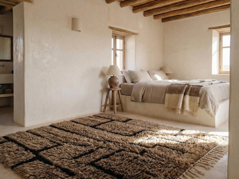 May include: A bedroom with a neutral color palette. A large, shaggy brown rug with black geometric patterns sits on the floor. A bed with beige bedding and a wooden side table with a lamp are visible.