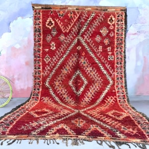 Vintage Moroccan Rug 7x11 - Bold Red Tribal Wool Carpet - Handmade Mid-Century Boho Floor Rug - Large Berber Diamond Motif