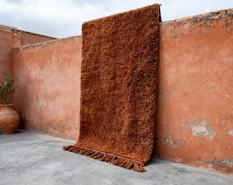 Cognac Brown Moroccan Wool Rug | Solid Medium Brown Berber Carpet | Rustic style Brown Area Rug | Luxury Scandinavian style rug