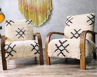 Custom 2 Walnut Wood and Sheep Wool Chairs - Handcrafted Moroccan Modern Accent Chairs, Soft and Cozy with