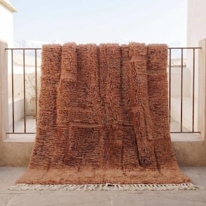 May include: A large, rectangular, terracotta-coloured rug with a shaggy texture and a cream-coloured fringe. The rug is draped over a metal railing, with a neutral-toned background and a view of mountains. Dimensions are not visible.
