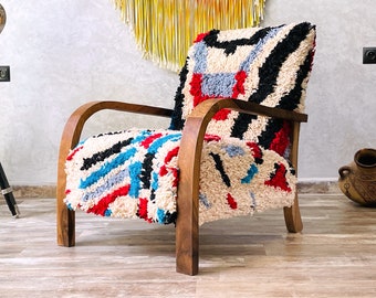 Moroccan Lounge Chair - Handcrafted Moroccan Colors - Mid-Century Wooden Chair with Handmade Textured Cushions - Distinctive Home Accent.