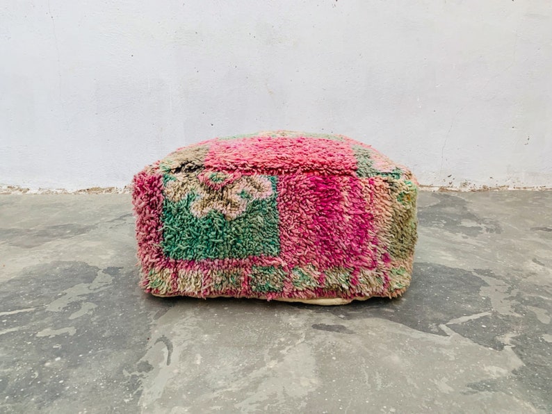 old Rug Handmade vintage Pouf Unique Floor Cuhsion Beniourain Rug Area Cushion Boujaad moroccan Pouf Wool Moroccan Cushion