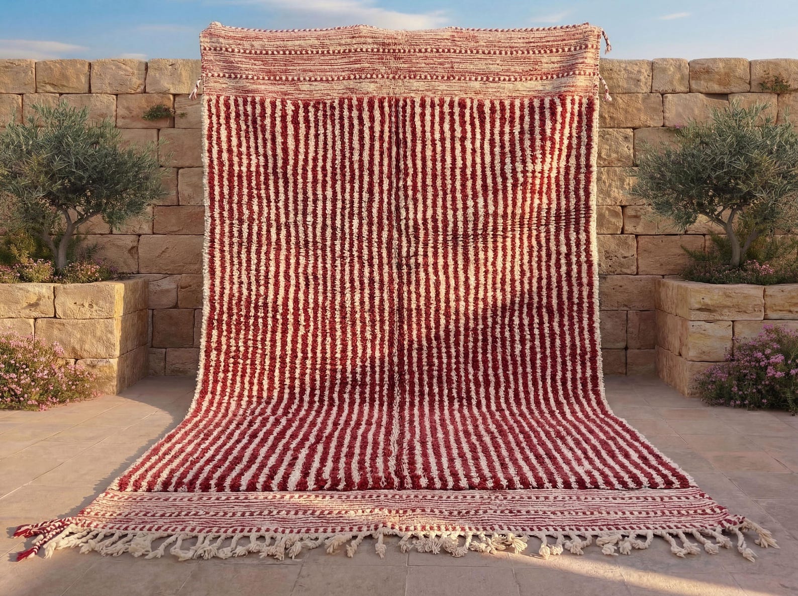 Red and Ivory Moroccan Rug – Handmade Wool Striped High Pile Area Carpet - 7 x 8 Feet, As seen on pictures