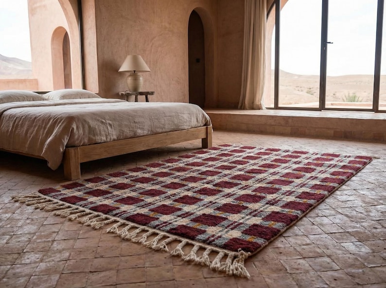 Puede incluir: Una alfombra rectangular con un dise&ntilde;o de cuadros en tonos burdeos, crema y gris. La alfombra tiene flecos en los extremos cortos y est&aacute; colocada sobre un suelo de baldosas en un dormitorio. La habitaci&oacute;n tiene una cama y una ventana.