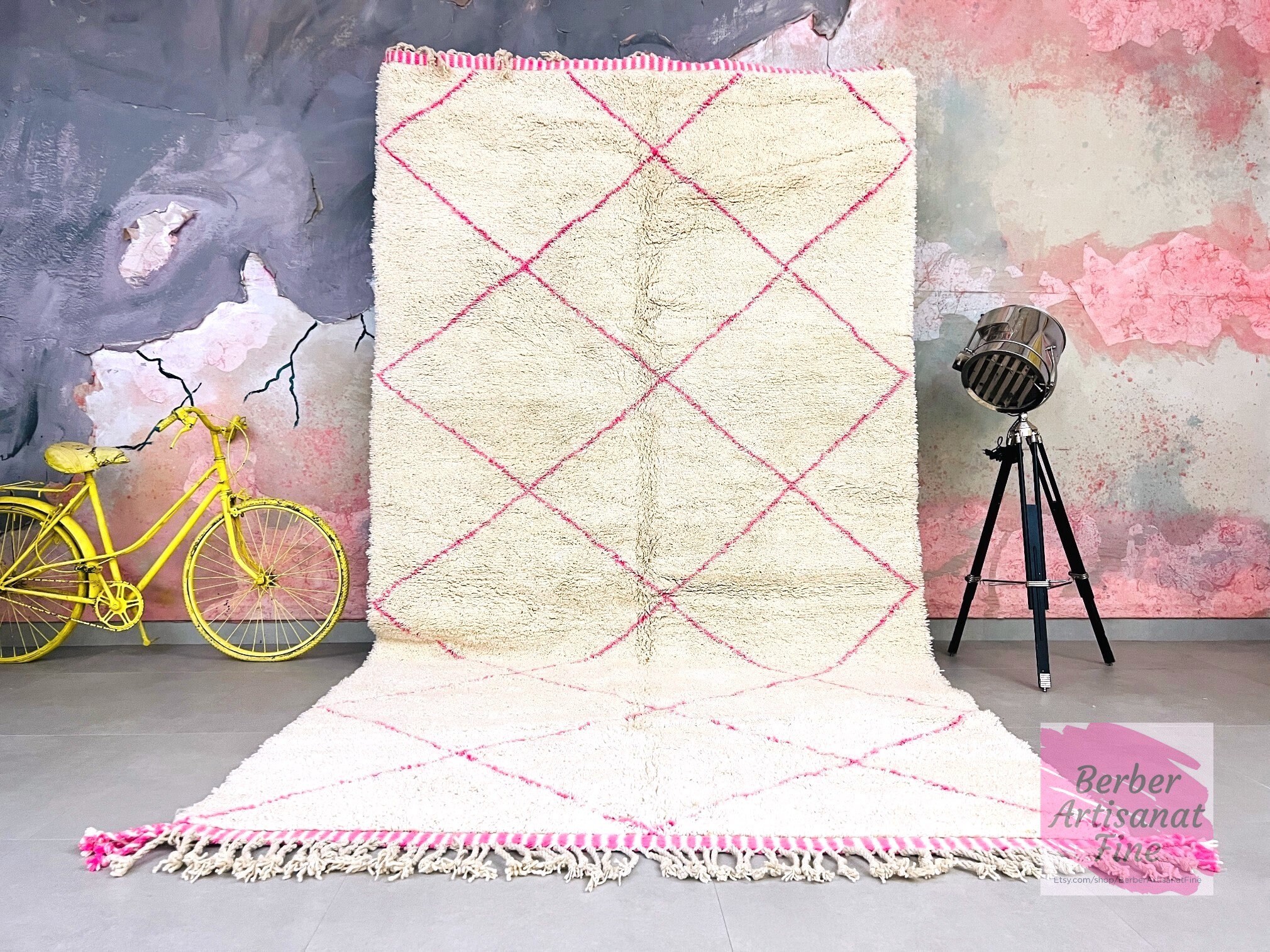 Pink Diamond Rug | 7x13 rug | Moroccan rug | Beni Ourain Wool Carpet | Berber Area Rug | Shag Rug | Handmade Rug | Soft Neutral Decor
