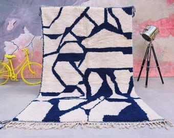 Tapete marroquino azul marinho tecido à mão: tapete de lã berbere, decoração boho para casa