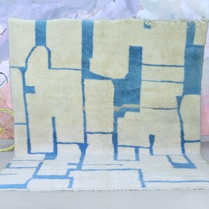 Handmade Moroccan Beni Ourain Rug – nBeni Ourain Rug – Soft Wool with Geometric Blue Design - Moroccan rug - Berber Rug