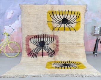 Custom Beni Ourain Rug - Modern Moroccan Wool Rug with Abstract Eye Motif - Handmade Neutral Berber Carpet