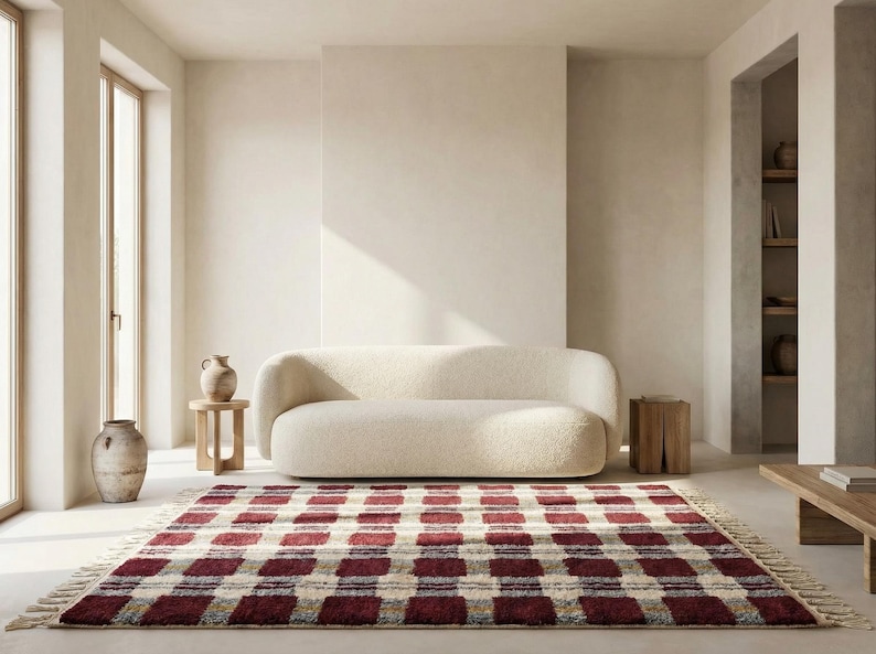 Puede incluir: Un sal&oacute;n con un sof&aacute; curvo color crema y una alfombra a cuadros burdeos y crema. La habitaci&oacute;n tiene paredes neutras, una mesa auxiliar de madera y una ventana grande. Tambi&eacute;n hay jarrones decorativos y un taburete de madera.