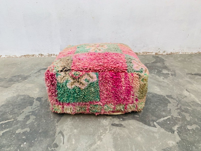 old Rug Handmade vintage Pouf Unique Floor Cuhsion Beniourain Rug Area Cushion Boujaad moroccan Pouf Wool Moroccan Cushion