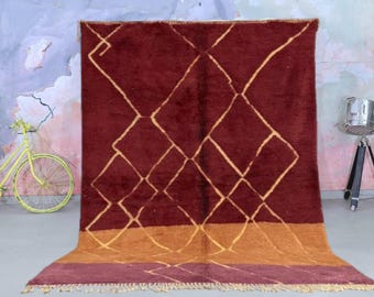 Moroccan Burgundy Rug, Beni ourain rugs, Wool Area Rug, Handwoven Carpet, Boho Geometric Style, Living Room Decor, custom size