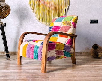 Custom Moroccan Lounge Chair - custom Handcrafted Moroccan Colors - Mid-Century Wooden Chair with Handmade Textured Cushions - made to order