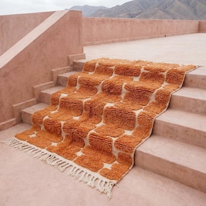May include: An orange and cream-colored rug with a geometric pattern is draped over a set of stairs. The rug has a shaggy texture and a fringe along the bottom edge. The stairs and surrounding architecture are a muted peach color.