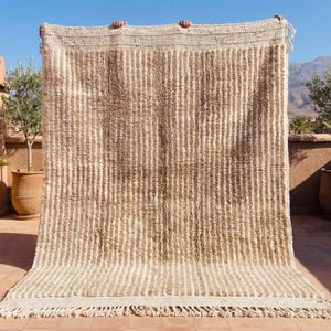 May include: A large rectangular area rug featuring a textured, shaggy pile with vertical stripes in alternating shades of cream and light brown. The rug has a woven border at the top and bottom edges, finished with a fringe of knotted tassels.