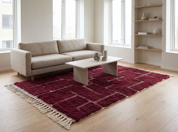 Deep red wool rug, handmade Moroccan textured area rug, soft plush natural fibers