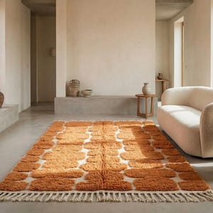 May include: An orange and white patterned rug with a shaggy texture and fringed edges. The rug is rectangular and features a repeating pattern of cloud-like shapes. The rug is placed in a living room setting with a white sofa and wooden side tables.